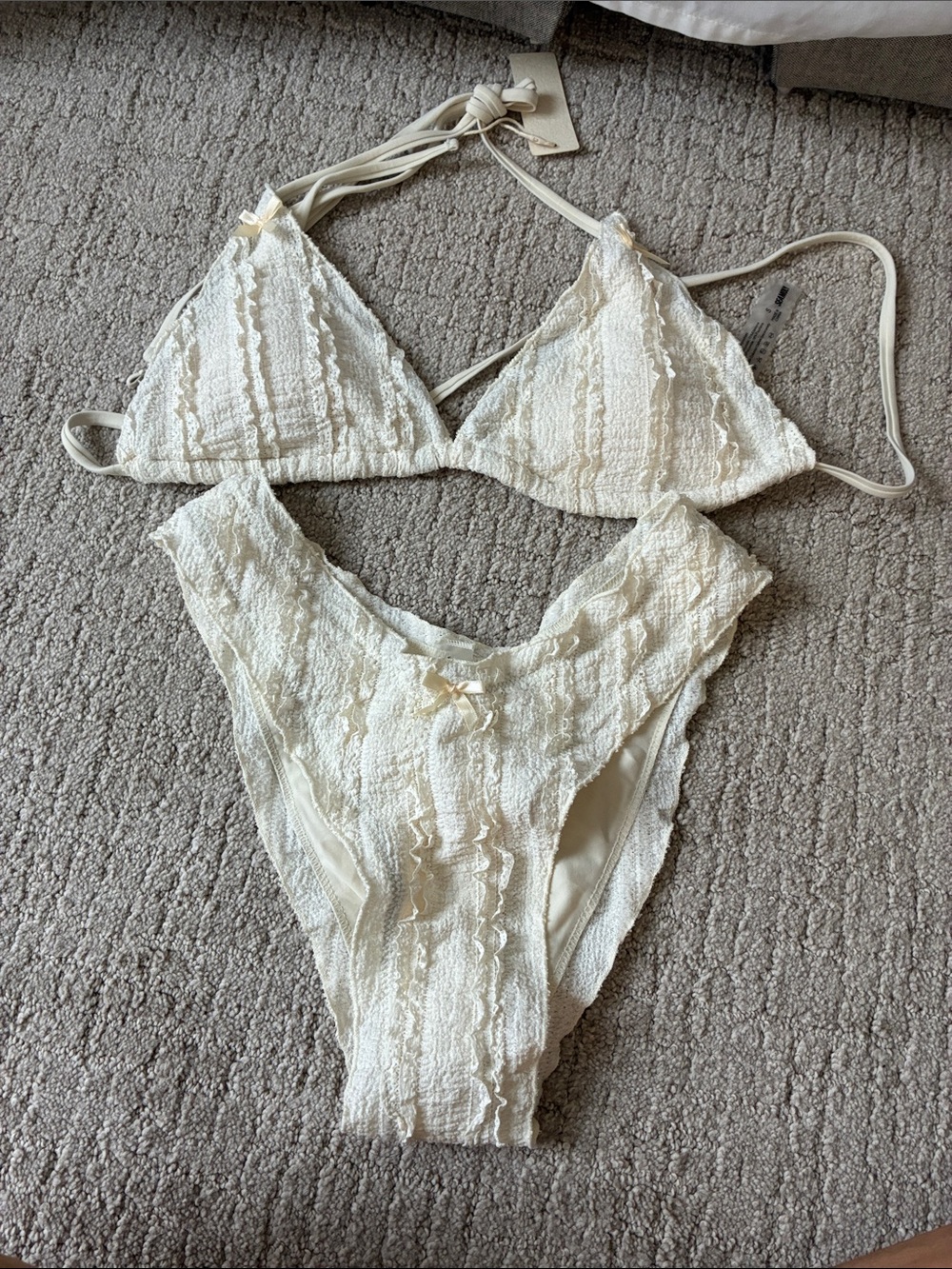 Lace Trim Triangle Bralette & High-Cut Bottom Bikini Set - Cream